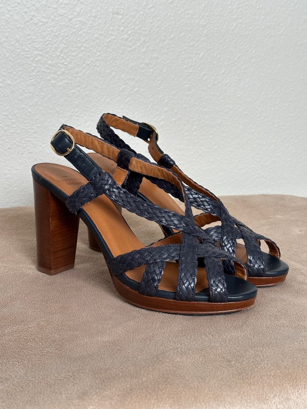 Sézane Sz 39 High Marius braided leather block-heel sandals Navy Blue Wood Heel